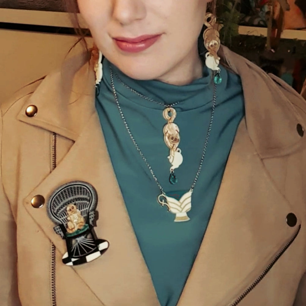Monkey with Tea Brooch - Lost Kiwi Designs