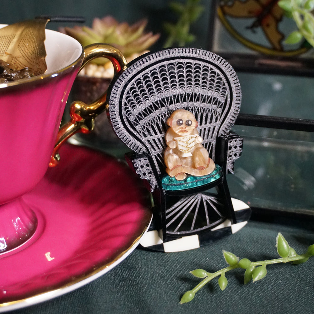 Monkey with Tea Brooch - Lost Kiwi Designs